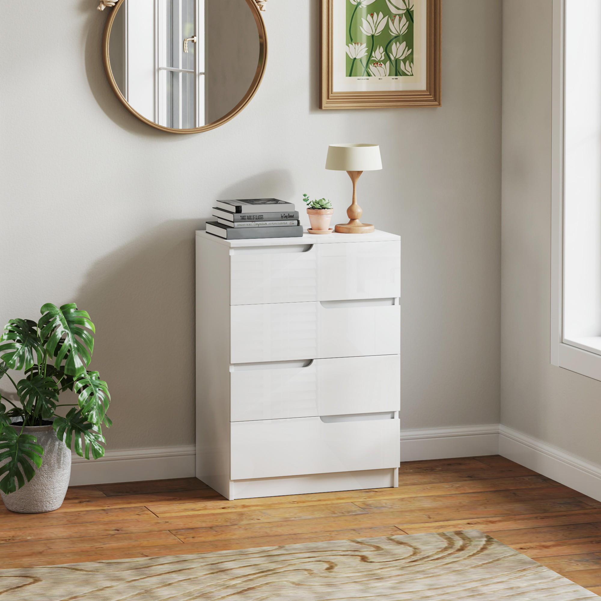 KOMMODE Beistellschrank mit 4 Schubladen, Hochglanzweiß 60 x 40 x 85cm - Weiß, Holzwerkstoff (60/85/40cm) - HOMCOM
