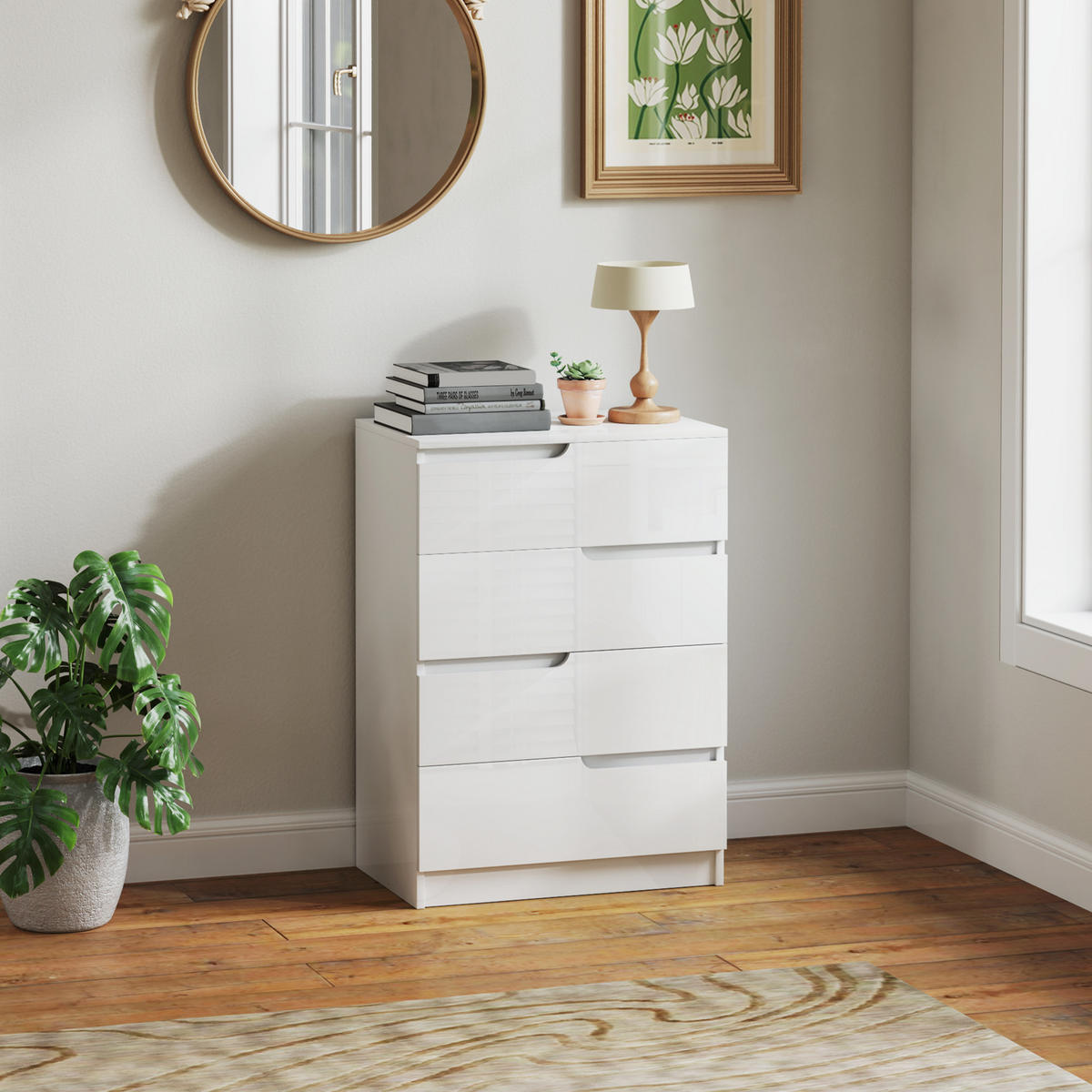 KOMMODE Beistellschrank mit 4 Schubladen, Hochglanzweiß 60 x 40 x 85cm - Weiß, Holzwerkstoff (60/85/40cm) - HOMCOM