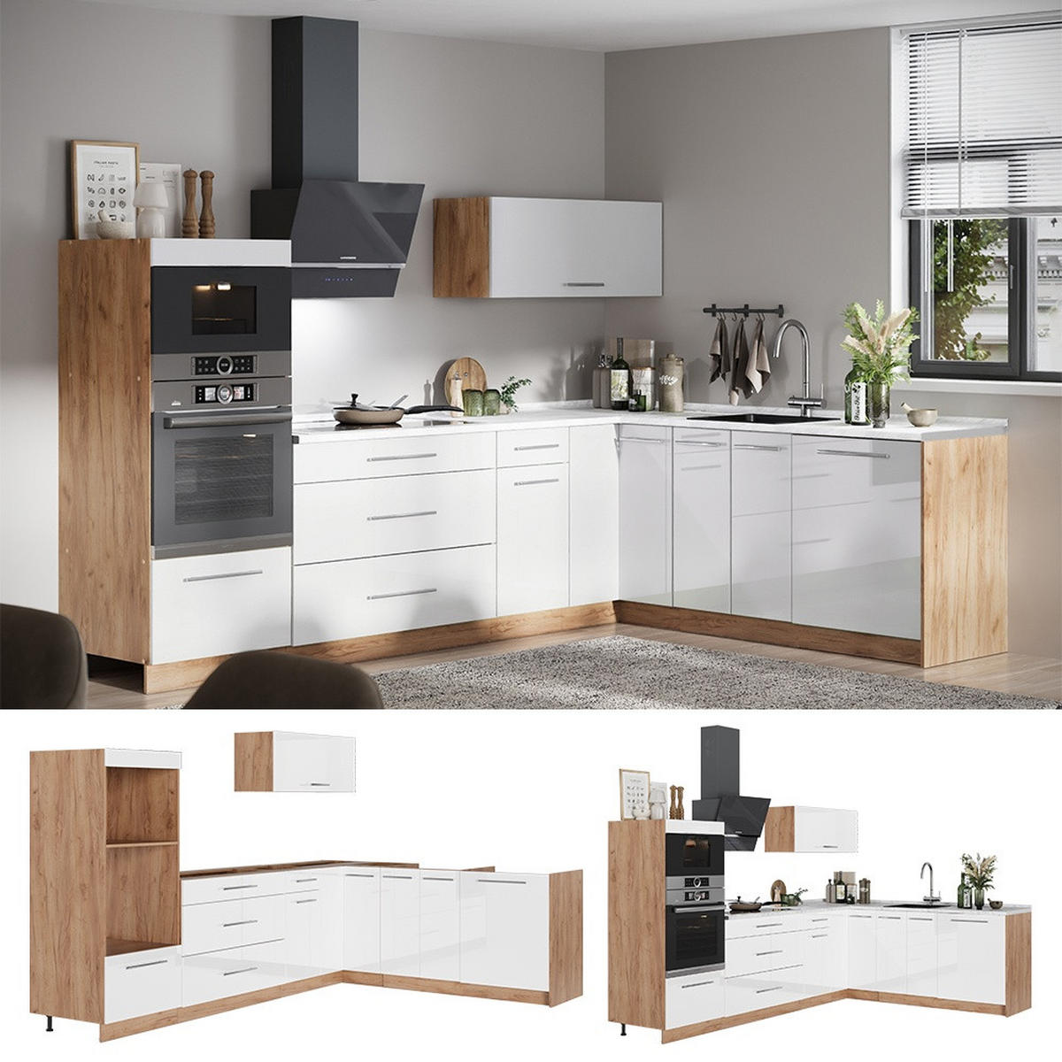 HÖRNKÖK Fame-Line, Vit högblank/Goldkraft ek, 287 x 207 cm, AP Oak - Honungsek/Vit högglans, Träbaserade material (287/153.6/60cm) - Vicco
