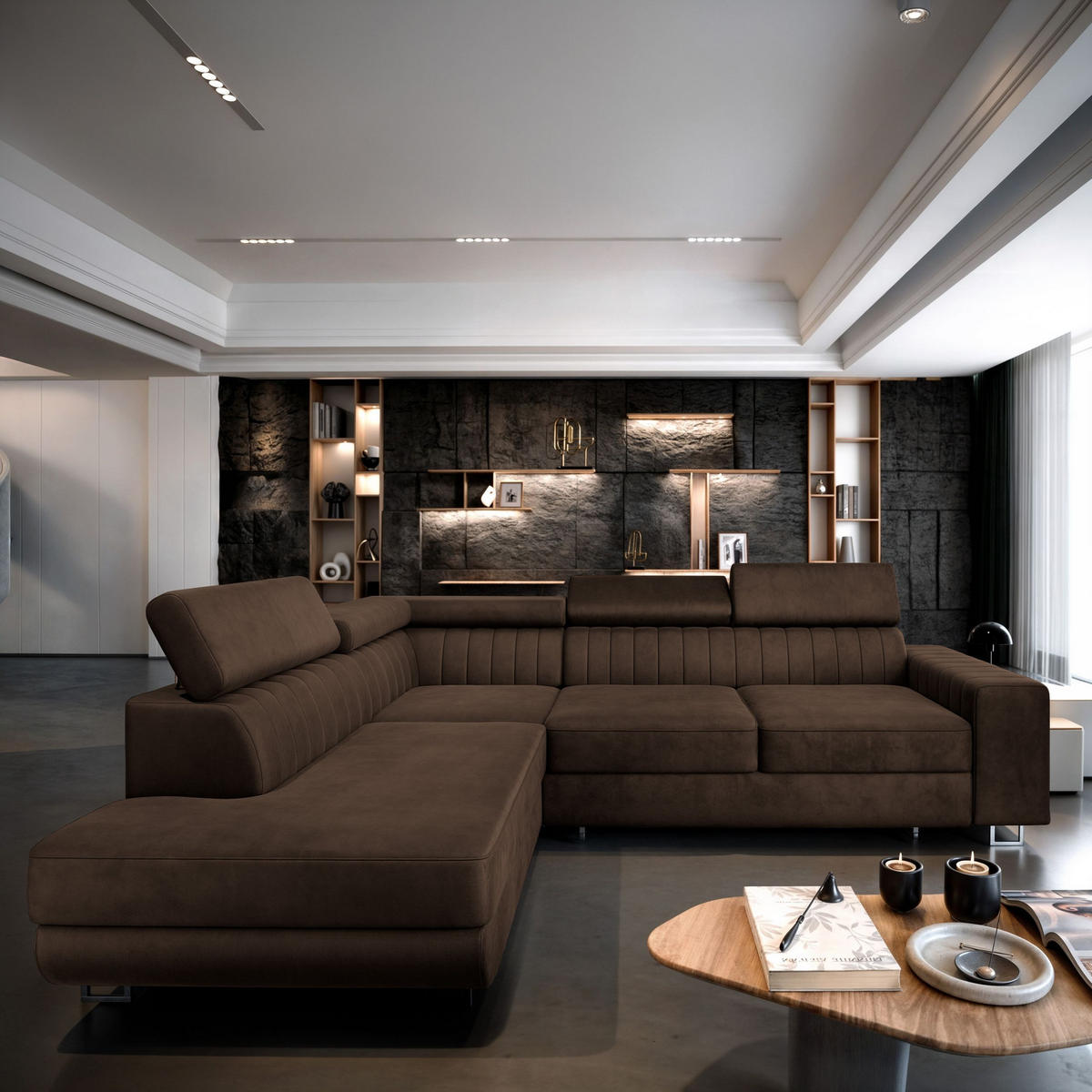 ECKSOFA NOLA L-S Braun Velours-Stoff mit Schlaffunktion - Braun, Holz (253/190cm) - MASSENO