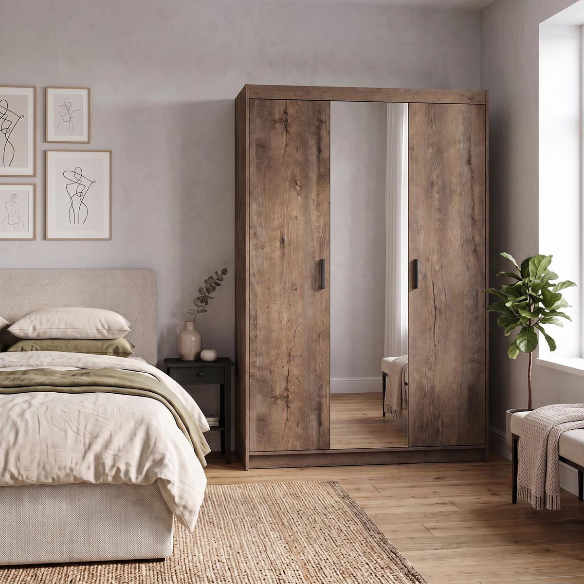 DREHTÜRENSCHRANK Elena mit 3 Türen, mit Spiegel, Eiche Lefkas - Eichefarben, Holzwerkstoff (130/190/53cm) - Beautysofa