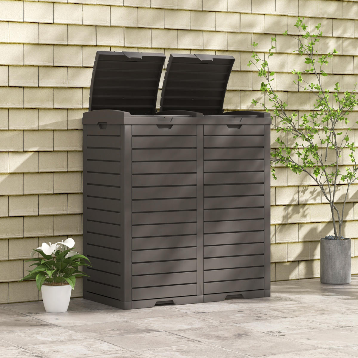 MÜLLEIMER 235 L mit Doppeldeckel braun - Braun, Kunststoff (77/86/40cm) - COSTWAY