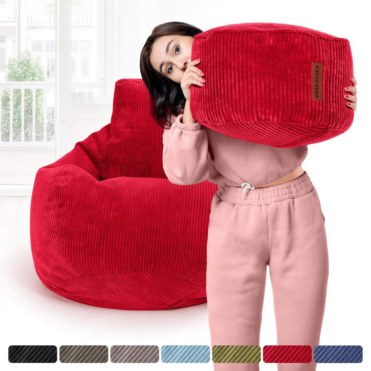 LOUNGE-SITZSACK Cozy + Fußhocker - Rot, Textil (80/90/90cm) - Green Bean
