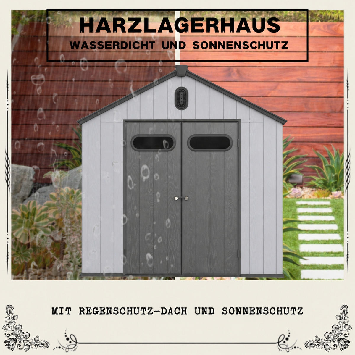 GERÄTEHAUS 285/235/231 cm Grau + Weiß mit 2 Türen und eine integrierte Regenrinne - Grau, Metall (235/231/285cm) - Oxeza