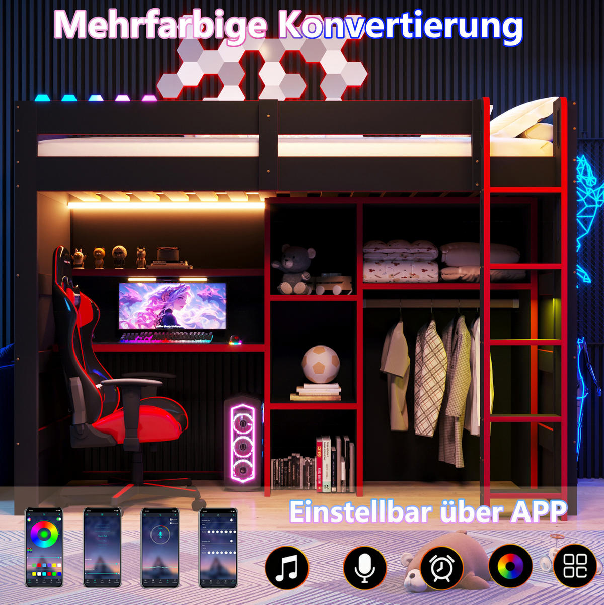 HOCHBETT aus MDF und Sperrholz 90x200 cm Schwarz/Rot mit Schreibtisch, Kleiderschrank und LED-Beleuchtung - Schwarz, Holzwerkstoff (90/200cm) - Modfu