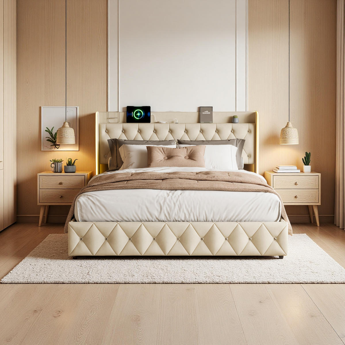 POLSTERBETT 160x200 Beige LED USB - Weiß, Metall - SHOPENTRA