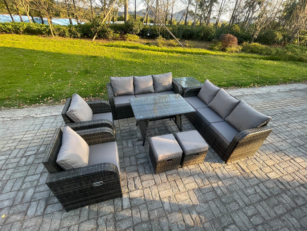 GARTENSET Hohe Rückenlehne Polyrattan 10-Sitzer - Dunkelgrau/Grau, Glas/Kunststoff - Fimous