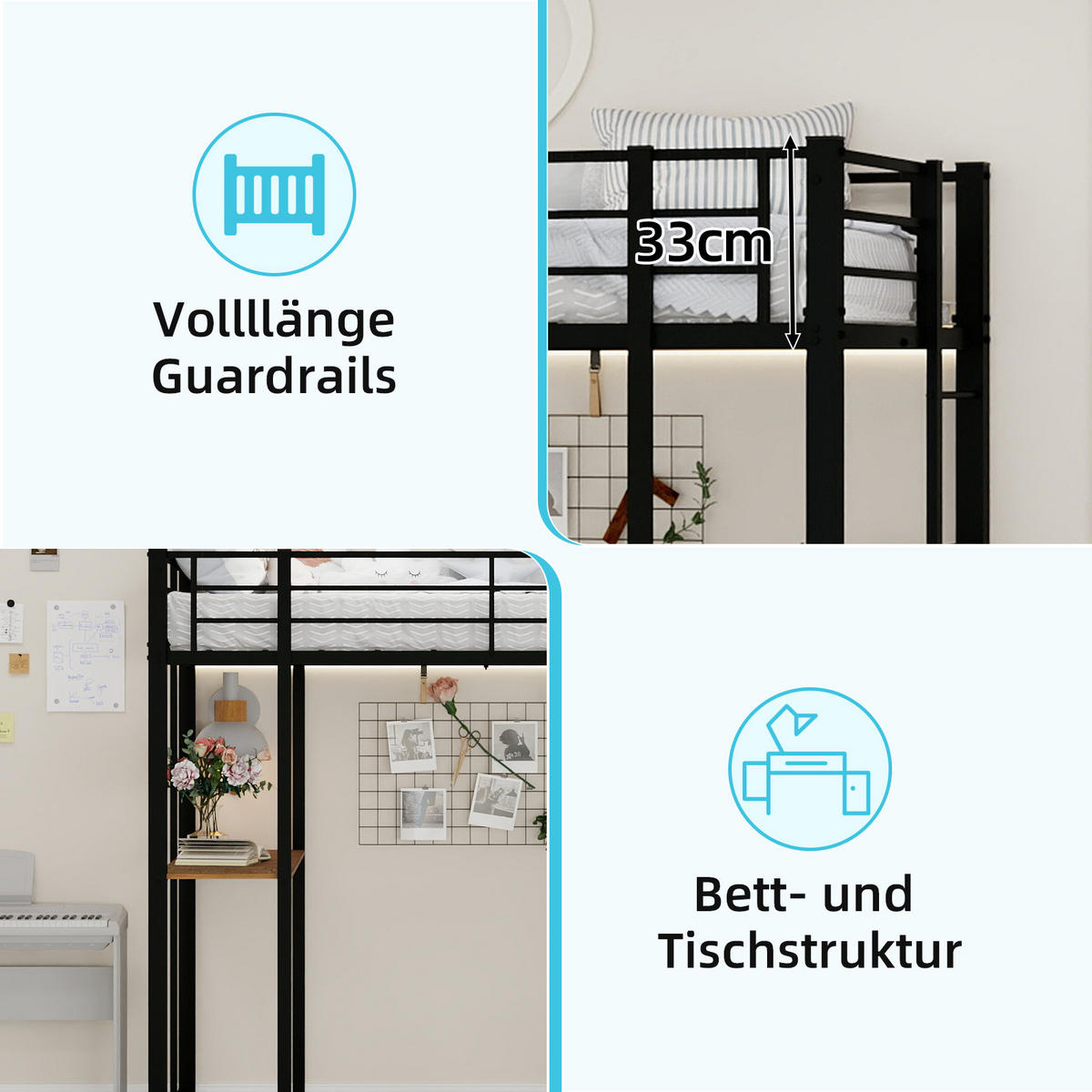 EISENBETT 90x190cm, Bett, Tisch, Geländer, Treppen, Stauraum, Kinder, Jugend - Schwarz, Metall (100/200cm)