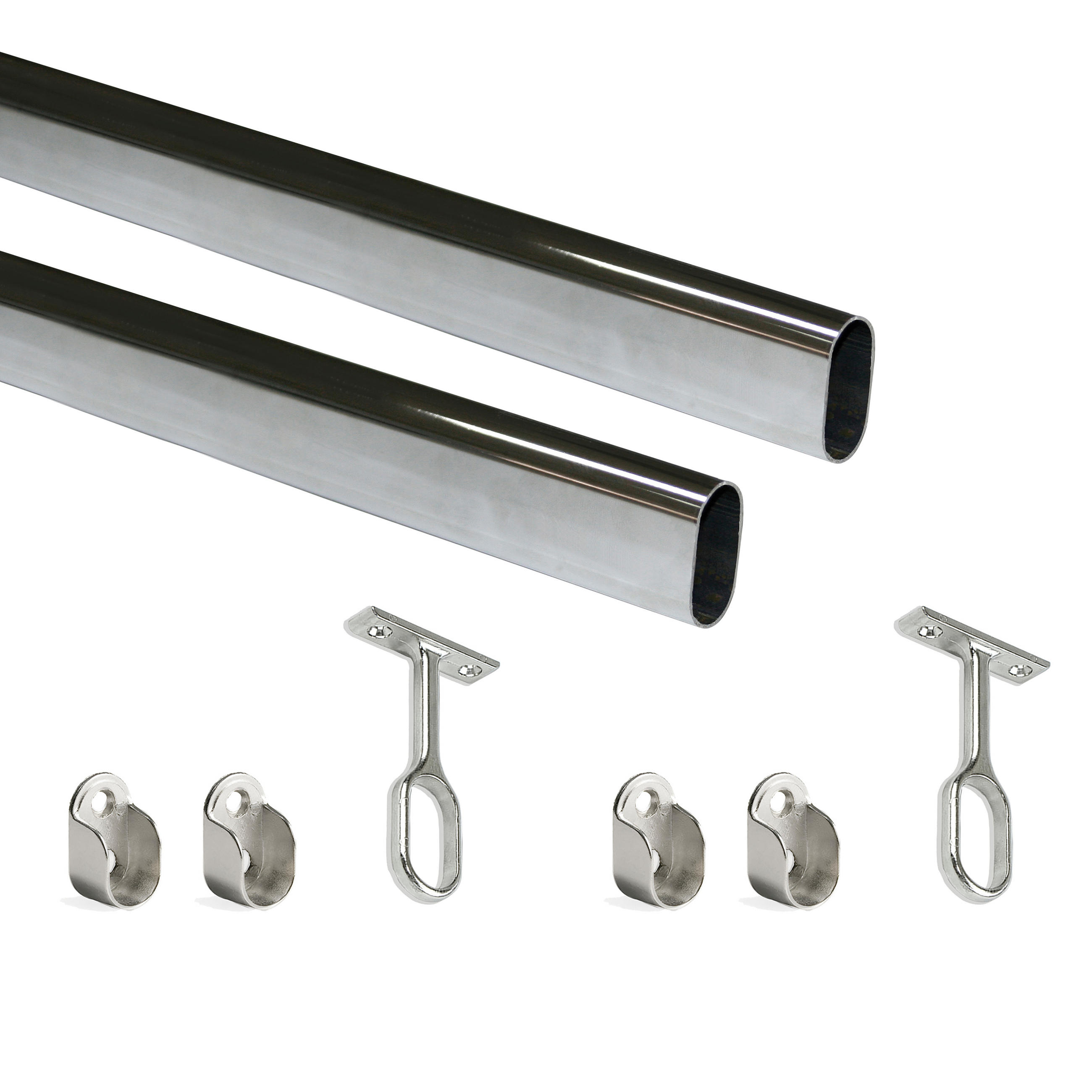 KORPUSSCHIENEN Ovale, 30x15mm, Länge 1,15m mit Halterungen, Stahl und Zamak, Verchromt 2er-set - Chromfarben, Metall (115cm) - EMUCA