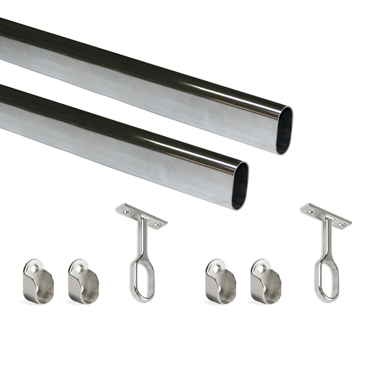 KORPUSSCHIENEN Ovale, 30x15mm, Länge 1,15m mit Halterungen, Stahl und Zamak, Verchromt 2er-set - Chromfarben, Metall (120cm) - EMUCA