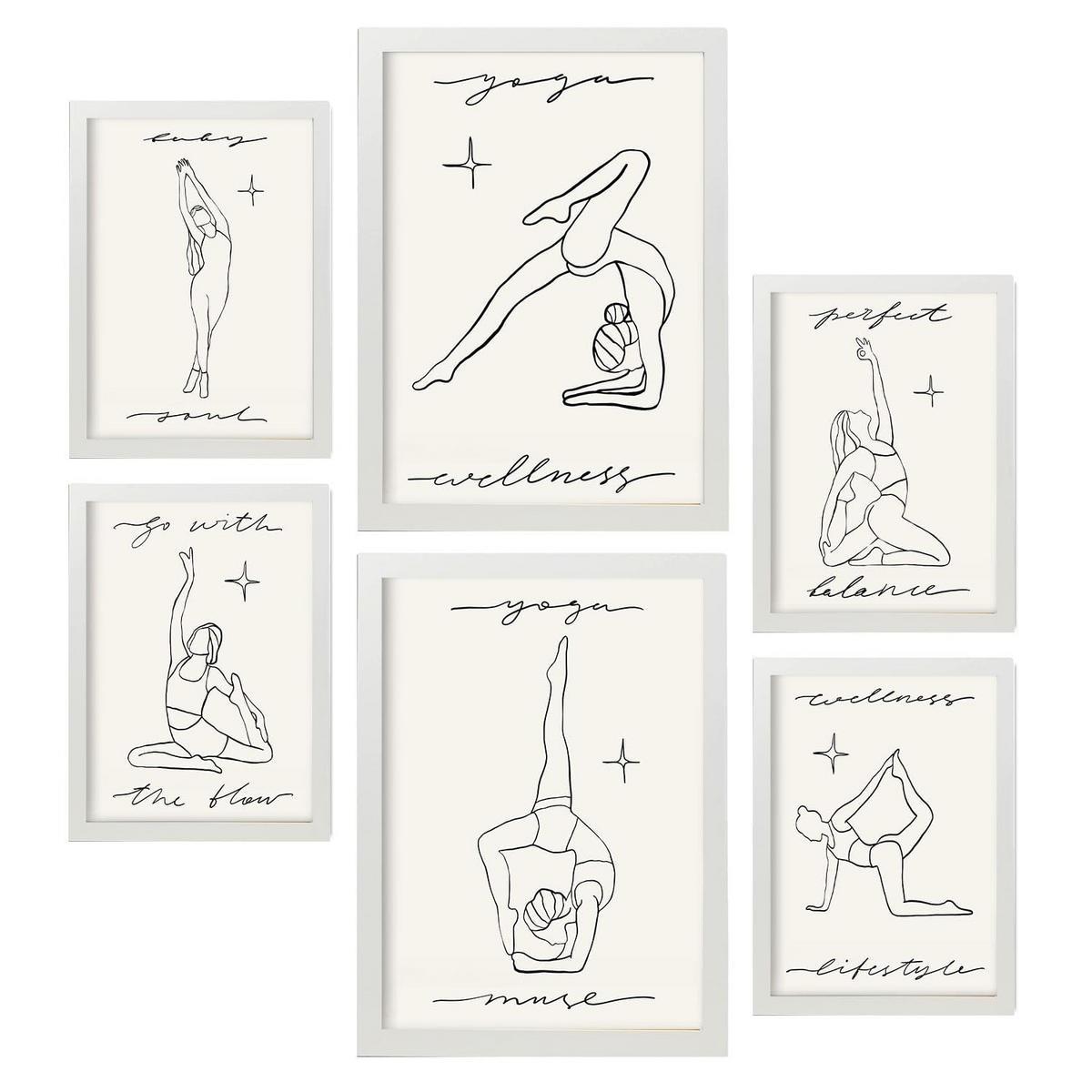 POSTER Set Mit 6 Yoga Musen 3 A3 & A4 Weißer Rahmen - Weiß, Papier (29/3cm) - Nacnic