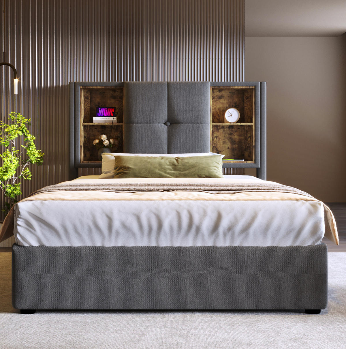 POLSTERBETT aus Baumwolle 90x200 cm Grau mit Bettkasten, Matratze, kabellosem Laden und USB-C - Grau, Textil (90/200cm) - IVMEU