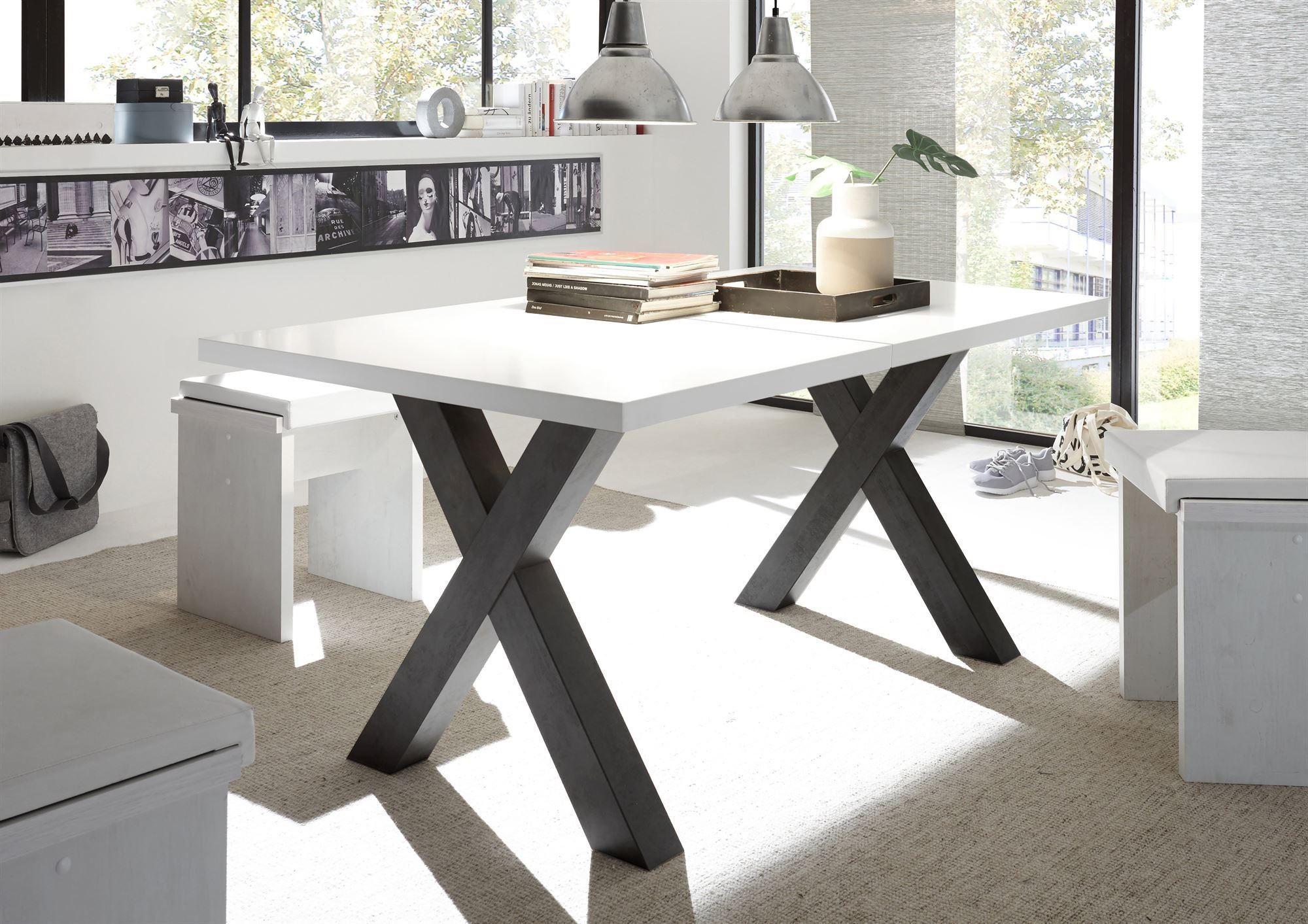 ESSTISCH ausziehbar Eike 7 140 x 90 x 75 Esszimmertisch Schwarzstahl/Weiß Matt Lack - Weiß, Holz (140/90/75cm) - 58aufmkessel