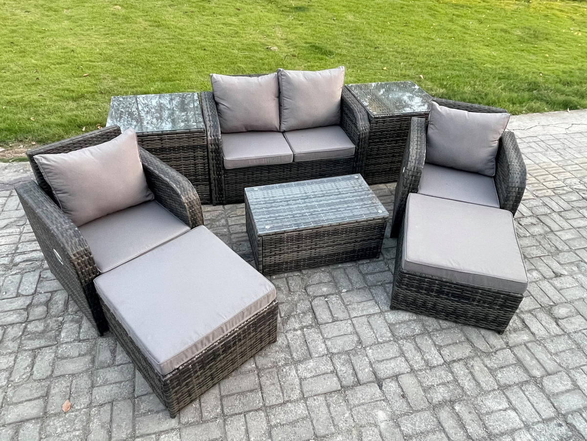 GARTENLOUNGE-SET Polyrattan Dunkelgrau 6-Sitzer - Dunkelgrau, Metall - Fimous
