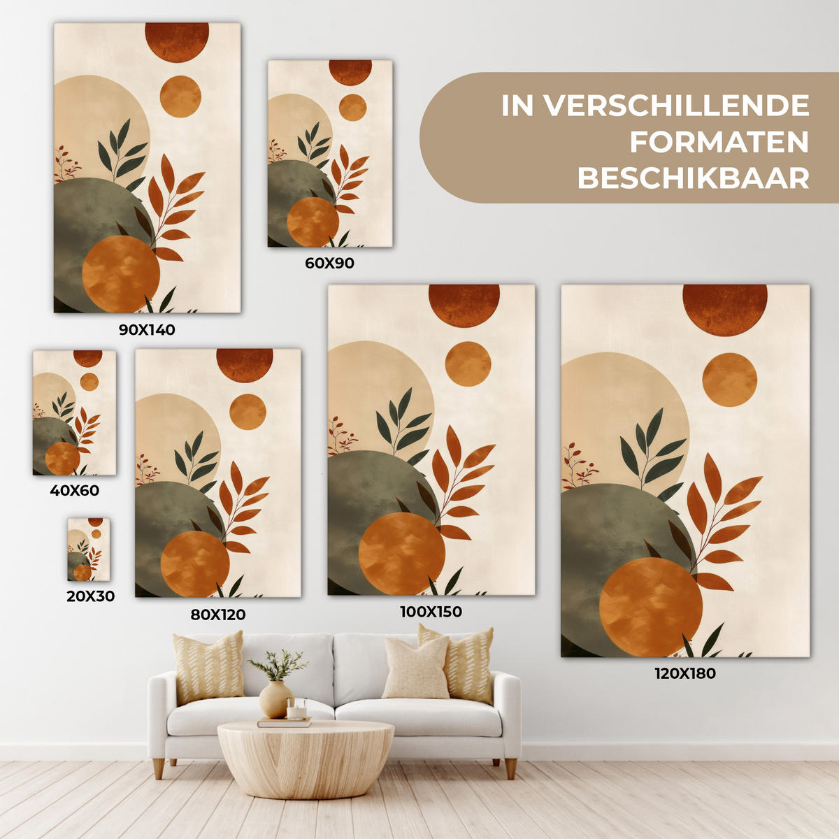 LEINWANDBILD Formen - Rund - Blätter - Beige Deko XXL 80x120 cm - Rostfarben, Textil (80/120cm) - MuchoWow