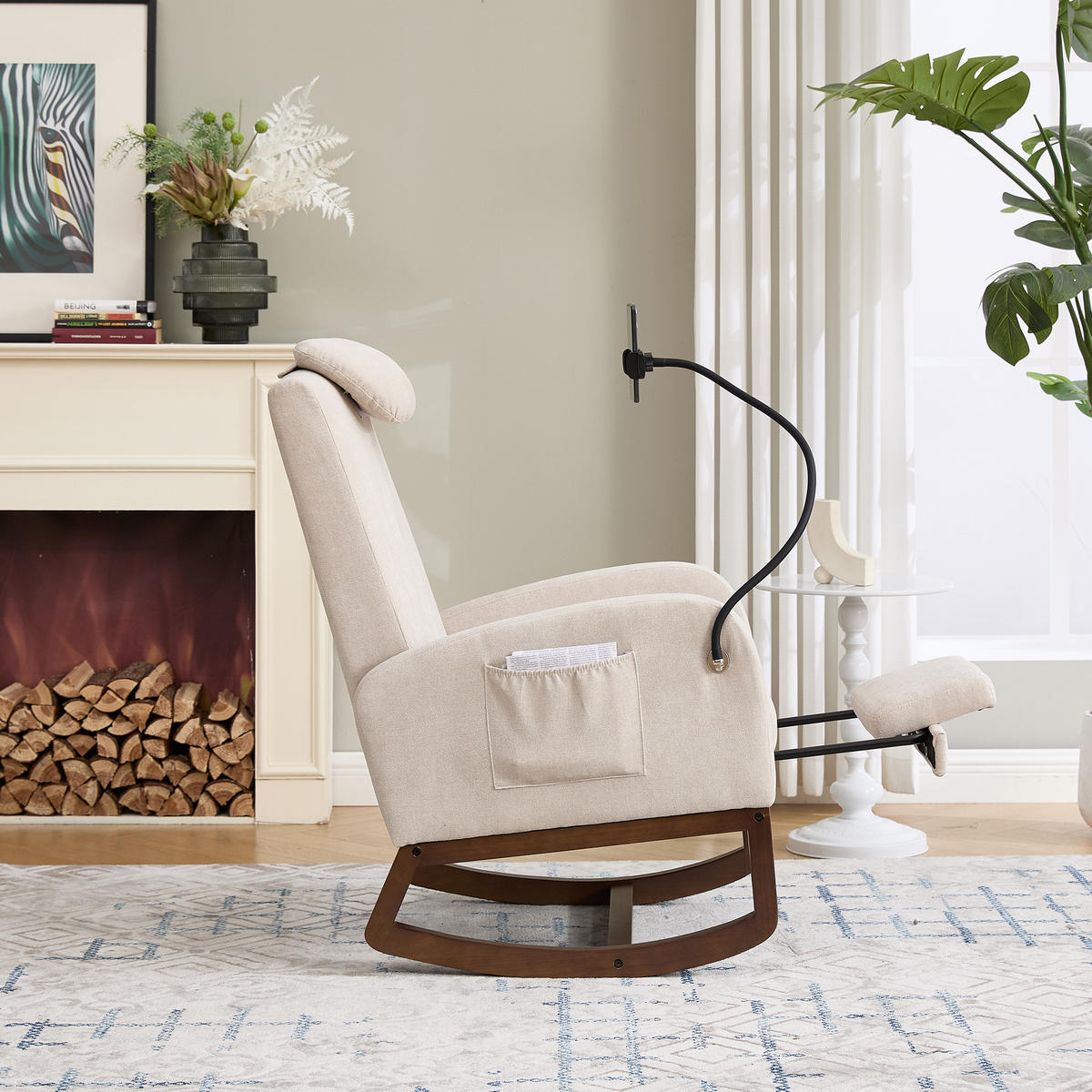 SCHAUKELSTUHL,LEINENSTOFF, Hohe Rückenlehne und Kopfstütze, ausziehbare Fußstütze/Handyhalterung – Beige - Beige, Holz/Textil (88/99/65cm) - KOMHTOM