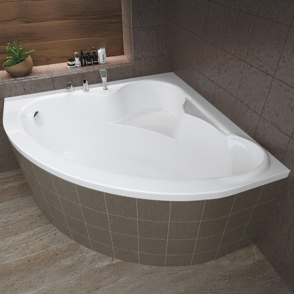 BADEWANNE Eckwanne STANDARD 120/120 mit Styro Ablauf Füße - Weiß, Kunststoff (120/57.5/120cm) - bad land
