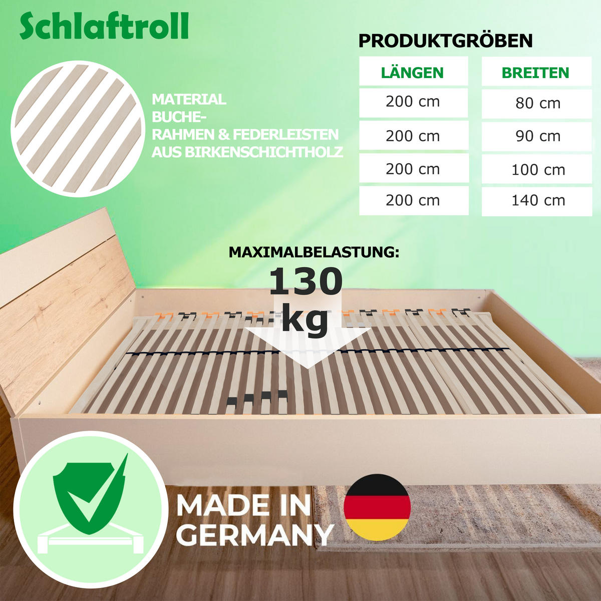 LATTENROST Ergoactive – ideal für ergonomischen Schlafkomfort 140x200 cm - Eschefarben, Holz (140/200cm) - Schlaftroll