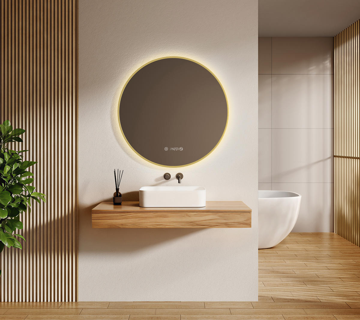 BADSPIEGEL mit LED-Beleuchtung Anti-Beschlag Zeitanzeige Goldfarben Ø 80 cm - Goldfarben, Glas (80/80/3cm) - EMKE