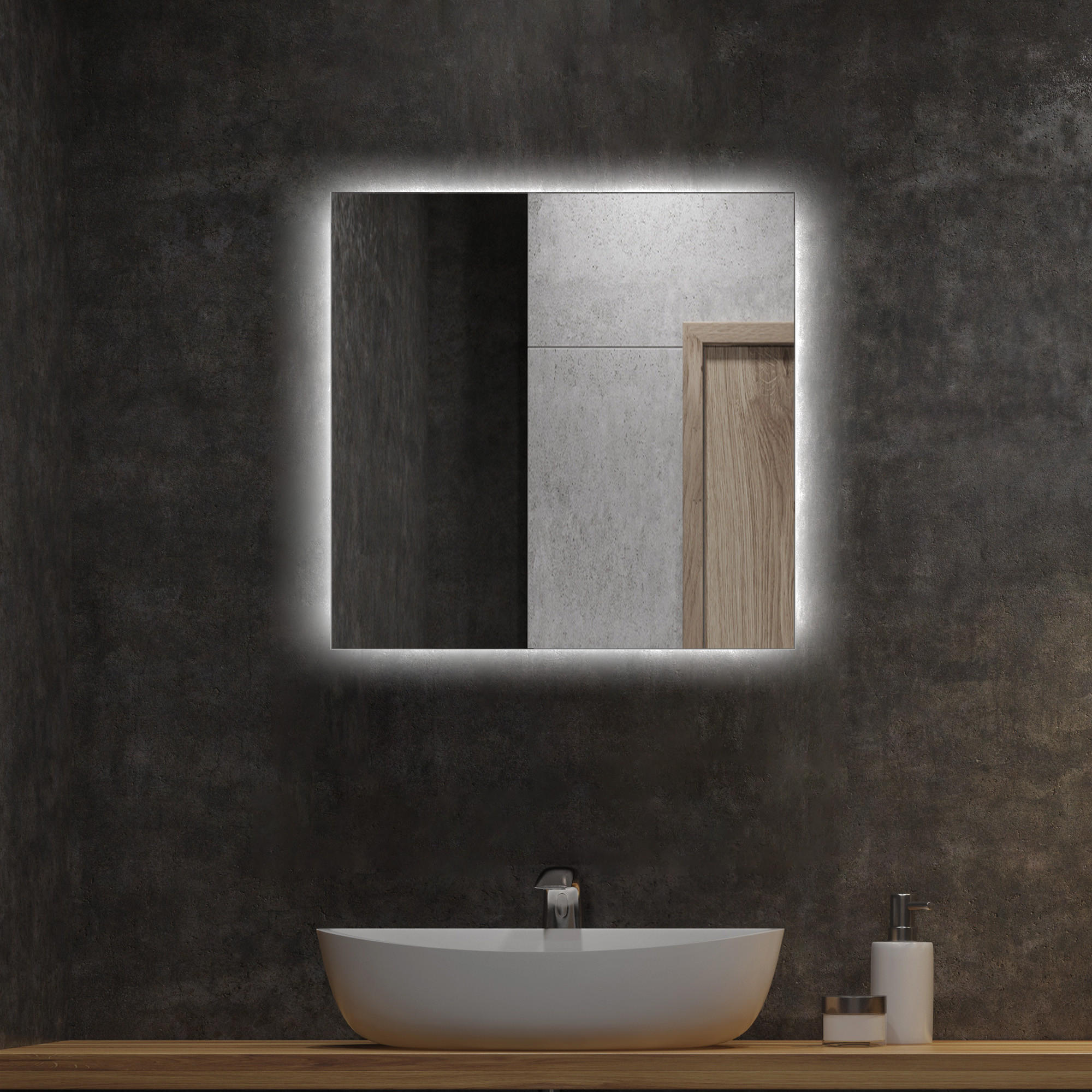LED SPIEGEL 50 cm x 50 cm Qadratisch Neutralweiß 4000K - Blaugrau, Glas (50/50/2.4cm) - TULUP