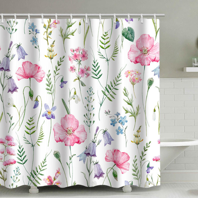 DUSCHVORHANG Aquarell Blume Pflanze Set Rosa Polyester bedruckt wasserdicht - Multicolor, Textil (180/90cm) - MCBOSON