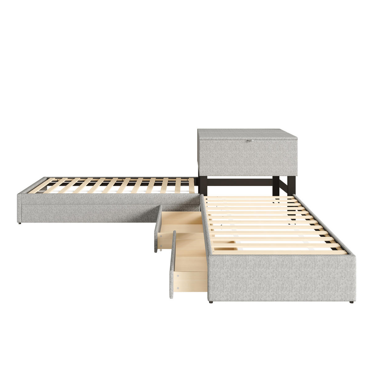 POLSTERBETT aus Leinen 90x200 cm in Grau mit Ausziehbett & Stauraum - Grau, Textil (90/200cm) - Modfu