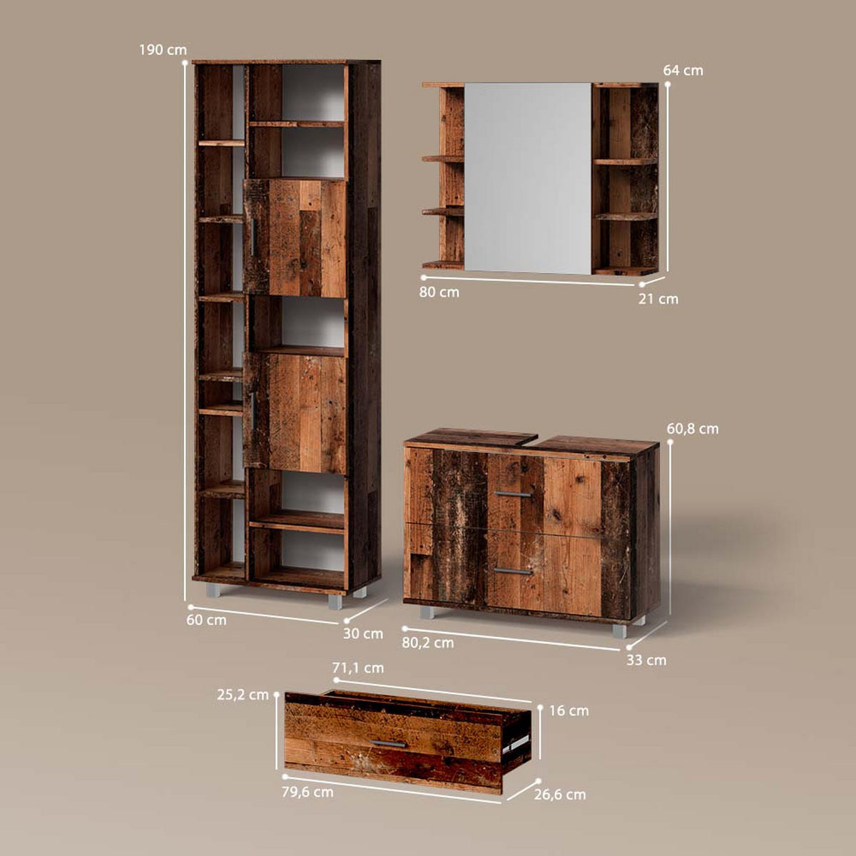 BADMÖBEL-SET Eisak Eiche rustikal 3 Teile, mit Hochschrank - Wildeiche, Holzwerkstoff (80/60/33cm) - Livinity®