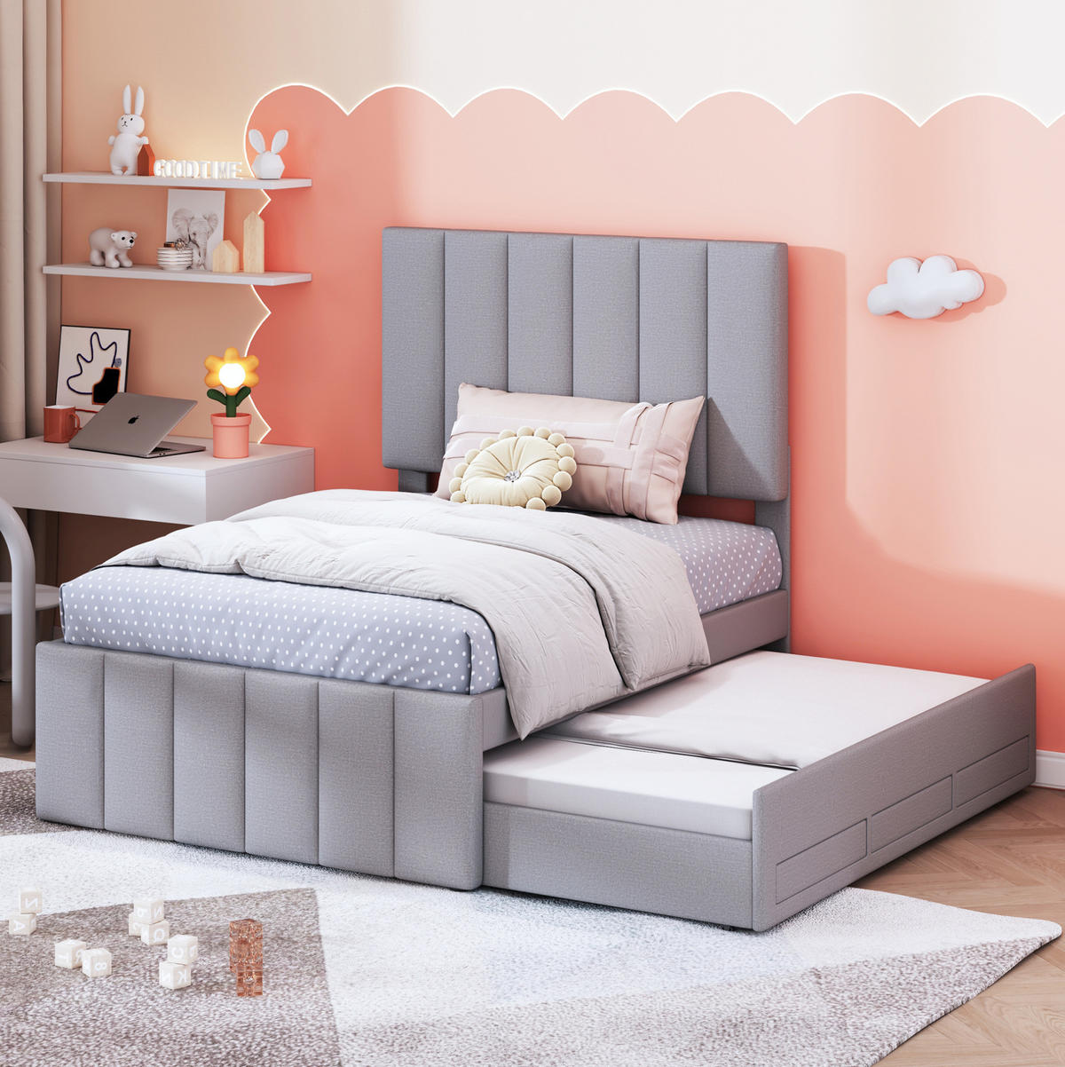 POLSTERBETT 90/200 cm mit Rollbett, 3 Schubladen und verstellbarem Kopfteil - Grau, Textil (90/200cm) - BEAOK
