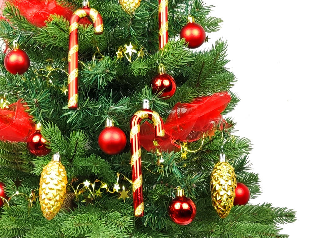 WEIHNACHTSBAUM künstlicher 60 cm mit LED-Beleuchtung, SANTA CLAUS, mit 29 Weihnachtsbaumschmuck, Pflanztopf mit Jutesack - Rot/Goldfarben, Kunststoff/Stein (40/60cm) - LAALU