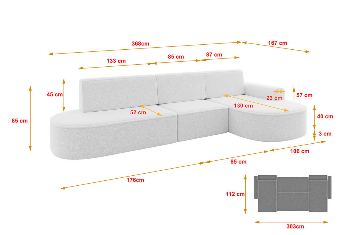 ECKSOFA mit Schlaffunktion Ottomane RECHTS MARI L2-S 368X167X85 Weiß Bouclé - Schwarz/Weiß, Holzwerkstoff/Kunststoff (167/368cm) - ALTDECOR