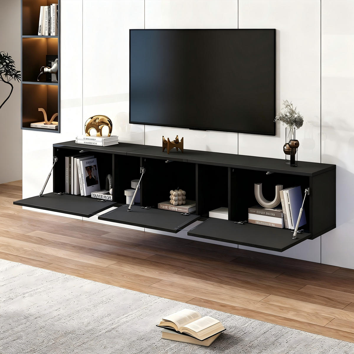 TV-SCHRANK Wandmontiert LED Hochglanz 3 Türen Schwarz - Schwarz, Holzwerkstoff (180/30/35cm) - FLIEKS