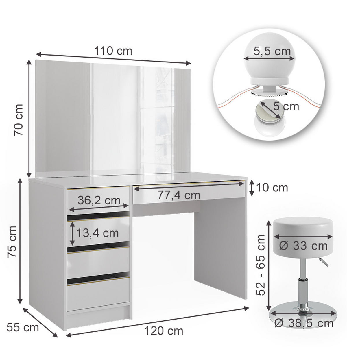 SCHMINKTISCH Sherry Weiß/Gold 120 cm mit LED Beleuchtung und Hocker - Goldfarben/Weiß, Holzwerkstoff (120/75/55cm) - Vicco
