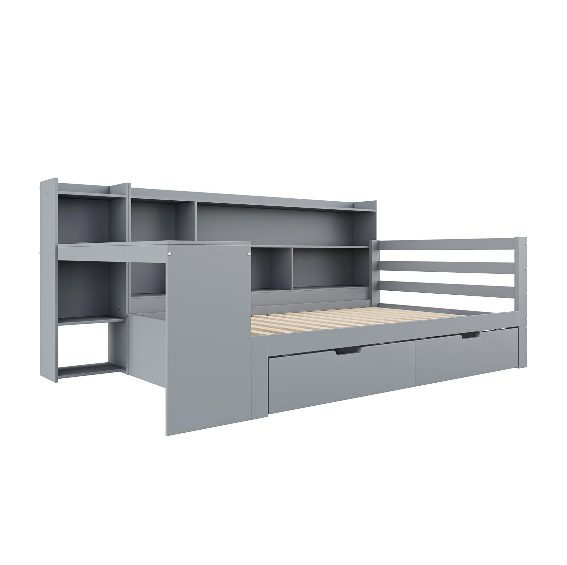 BETT 90/200 cm aus Holz in Grau mit Schreibtisch, Regalen und Steckdose - Grau, Holz (90/200cm) - Flora Grace