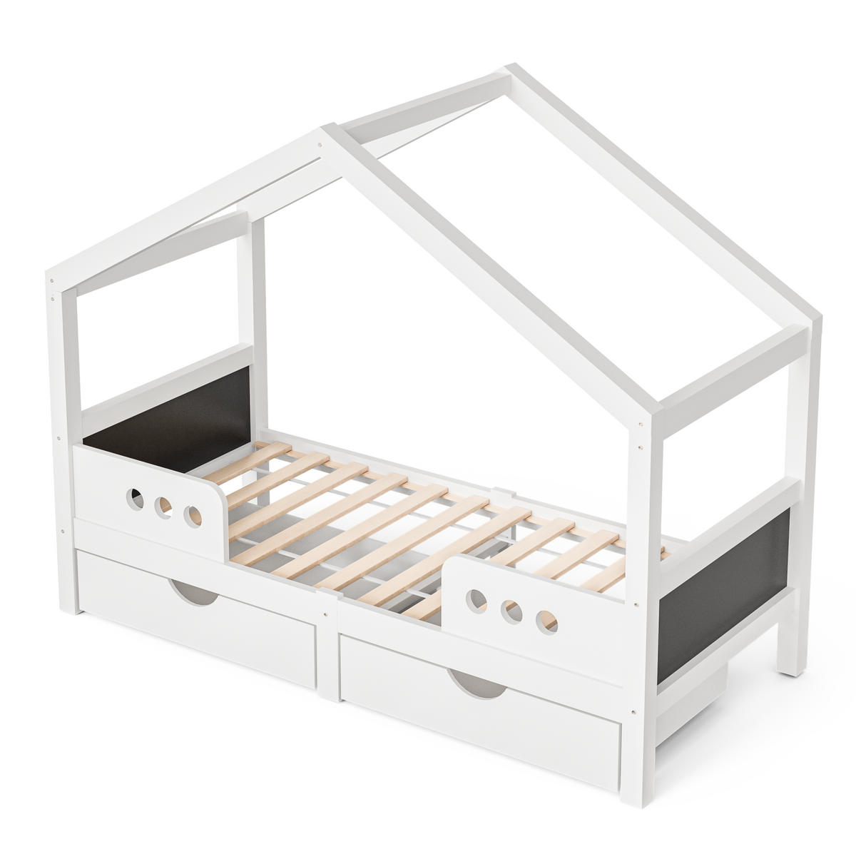 KINDERBETT 90/200 cm mit Dachdesign, Tafel und 2 Schubladen aus Holz und MDF, Weiß - Weiß, Holz (90/200cm) - Redom