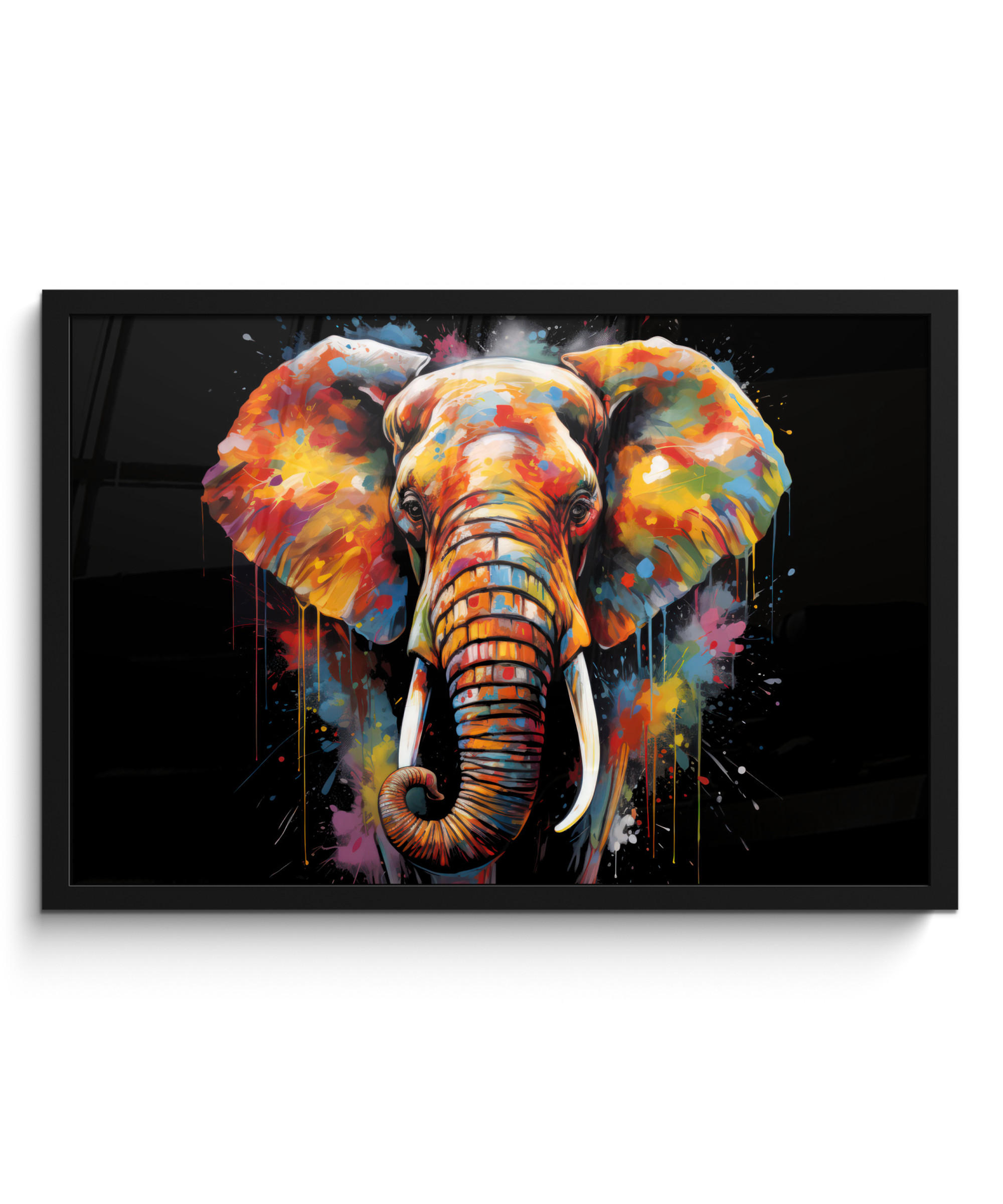 POSTER MIT RAHMENGERAHMTES BILD Elefant - Graffiti - Schwarz - Tiere - Farben 60x40 cm - Schwarz, Papier (60/40cm) - MuchoWow
