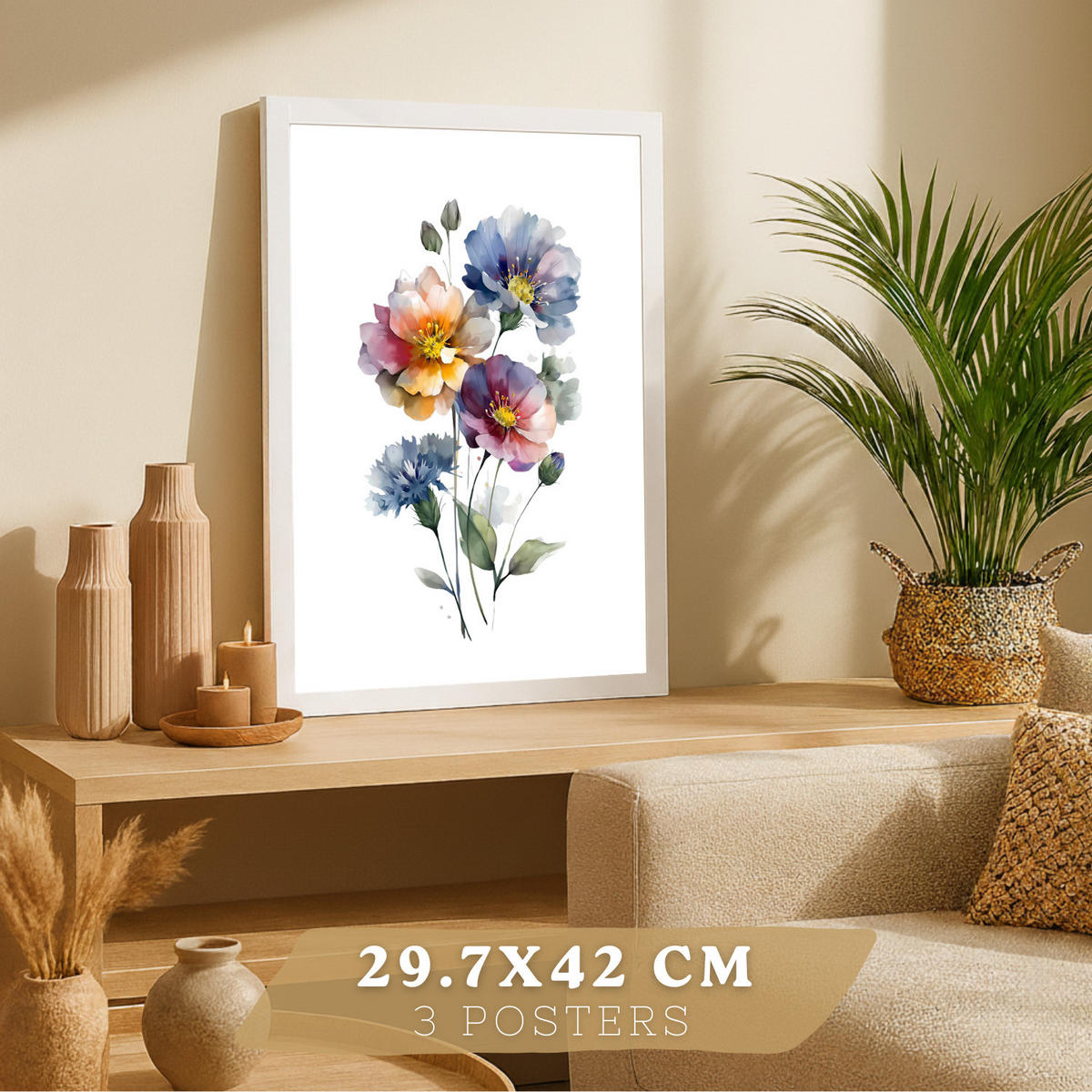 PLAKAT Sada 3 botanických uměleckých tisků. Květinové nástěnné umění. Moderní minimalistický květinový nástěnný PLAKAT. Velikost Bílý rám A3 - bílá, papír (29.7/42/3cm) - Nacnic