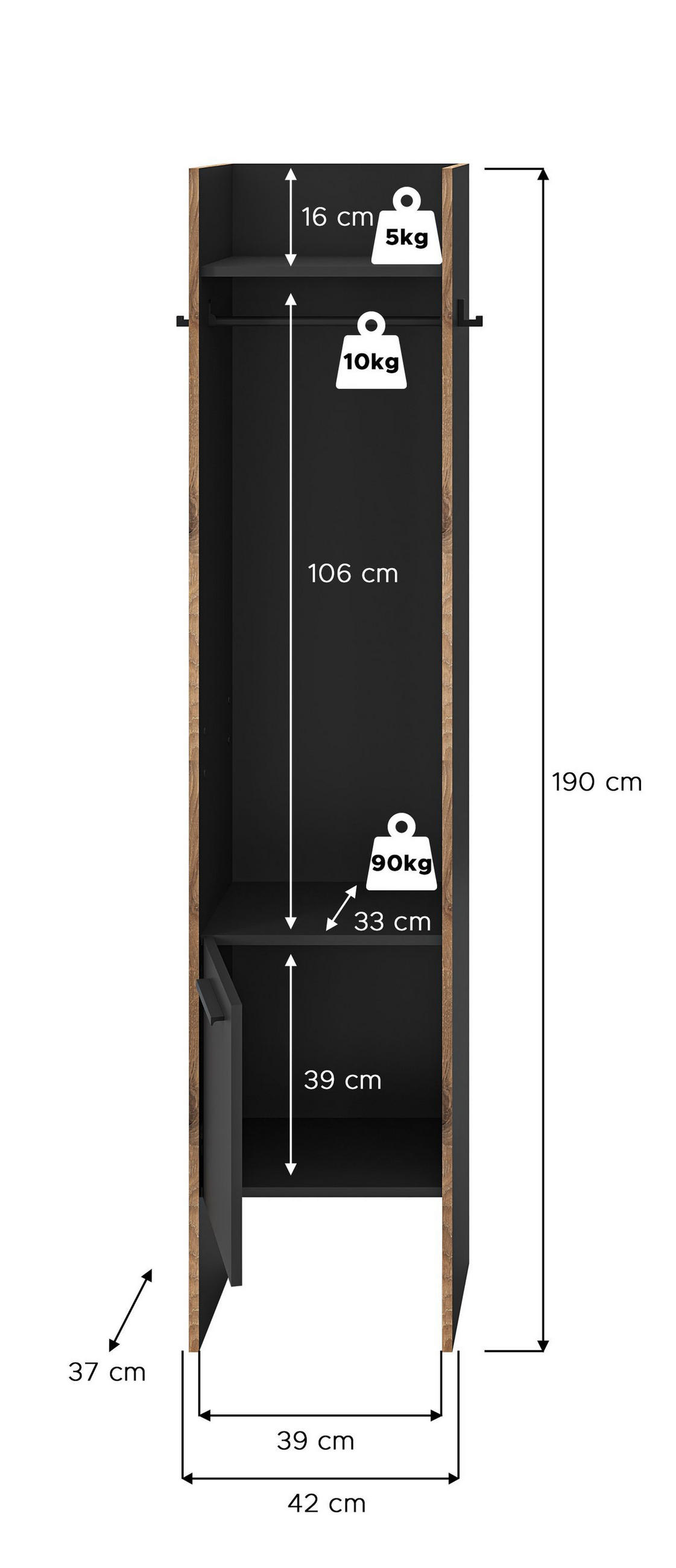 GARDEROBENSCHRANK BUENO (B/H/T: ca. 42/189/37 cm) in Basalt grau/Basalt grau - Grau, Holzwerkstoff (42/189/37cm)