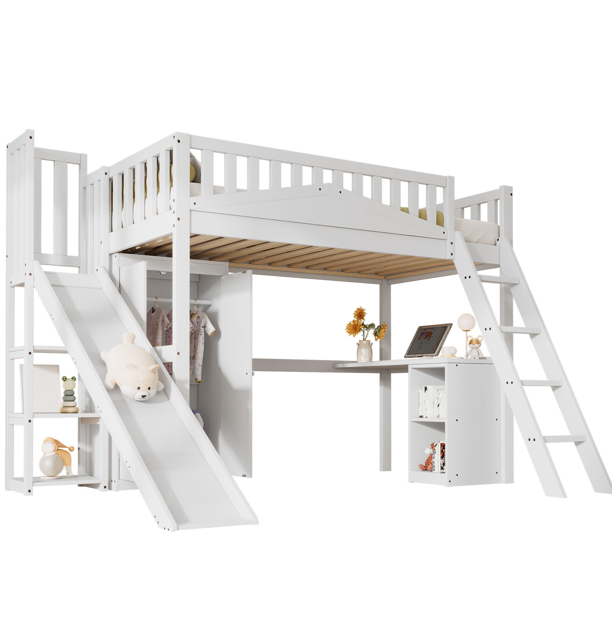 HOCHBETT 90/200 cm in Weiß mit Rutsche, Tisch und Kleiderschrank - Weiß, Holzwerkstoff (90/200cm) - Flora Grace