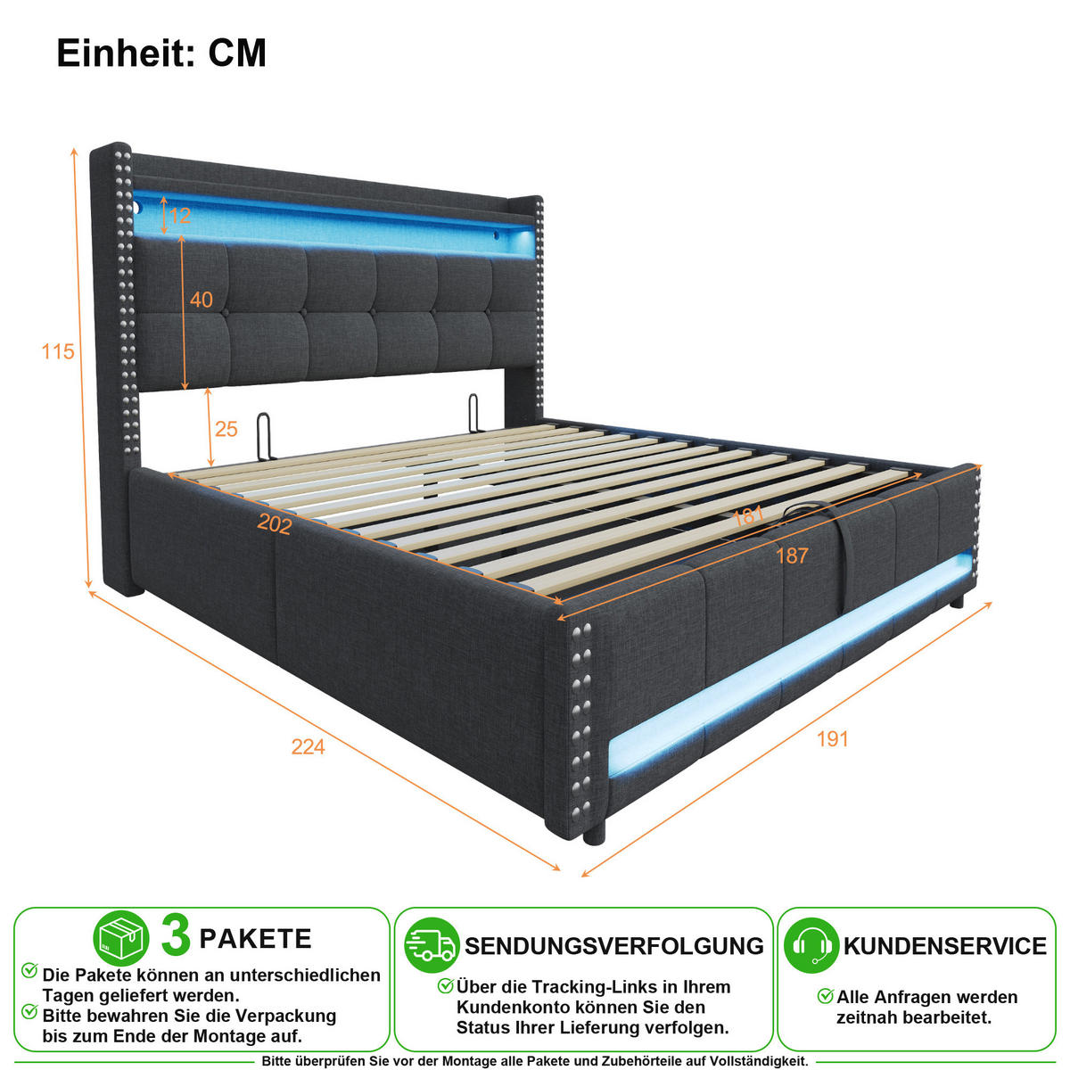 POLSTERBETT 180/200 cm in Grau mit Bettkasten, LED, USB und Regal Leinenstoff - Grau, Holzwerkstoff/Textil (180/200cm) - CHICFURN