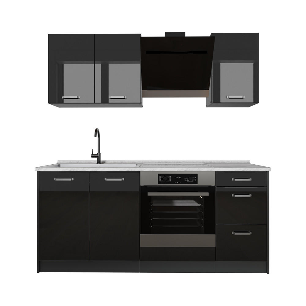 SINGLEKÜCHE R-Line, Schwarz Hochglanz/Anthrazit, 180 cm Arbeitsplatte Marmor - Schwarz Hochglanz/Anthrazit, Holzwerkstoff (180/206.8/60cm) - Vicco