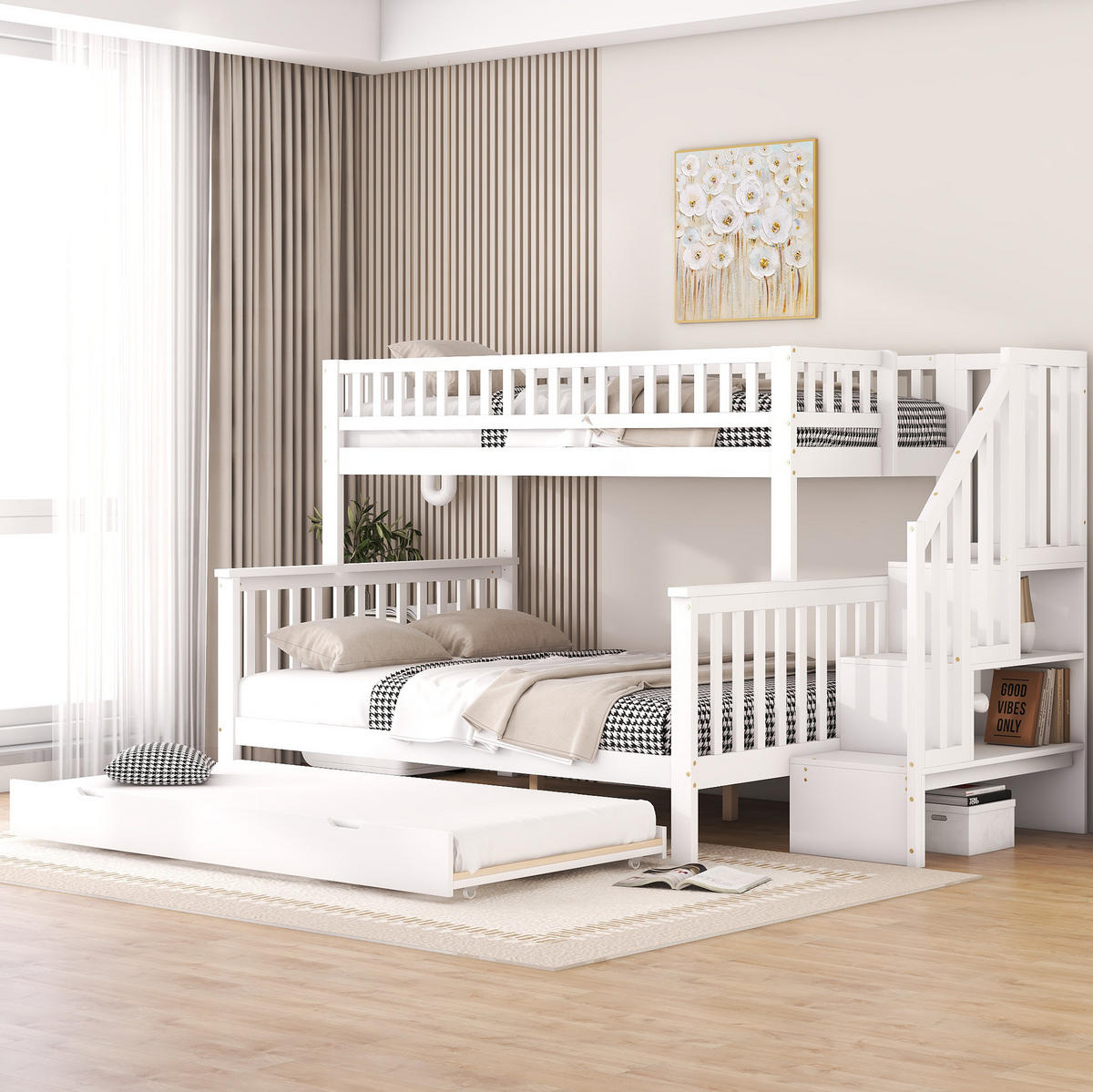 ETAGENBETT 253/240/160 cm aus Kiefer und MDF mit Ausziehbett und Stauraumtreppe Weiß - Weiß, Holz (140/200cm) - Modenvie