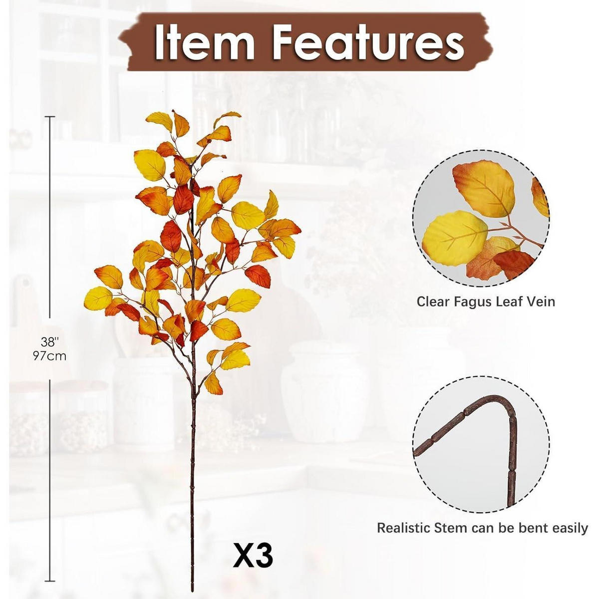 KUNSTZWEIGE 3-teiliges Set Herbstlaub 97 cm Gold Gelb - Multicolor, Kunststoff (43cm)
