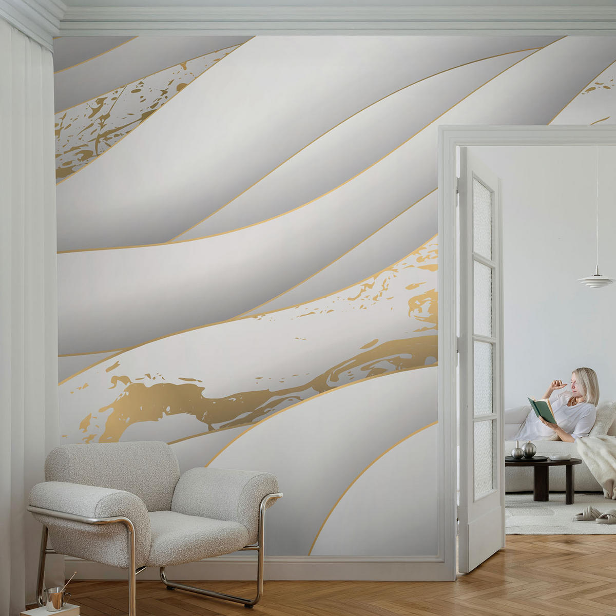 FOTOTAPETE 250x104 cm - Dynamische Muster - Weiß, Textil (250/104cm) - Wallfluent