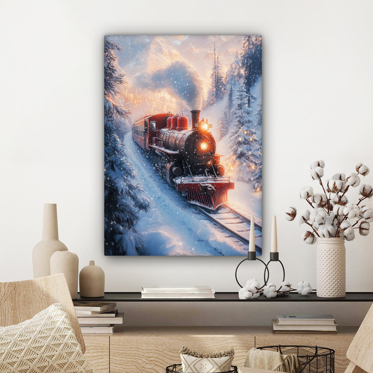 LEINWANDBILD Weihnachtszug - Schnee - Winter - Weihnachten 60x80 cm - Dunkelrot, Textil (60/80cm) - MuchoWow