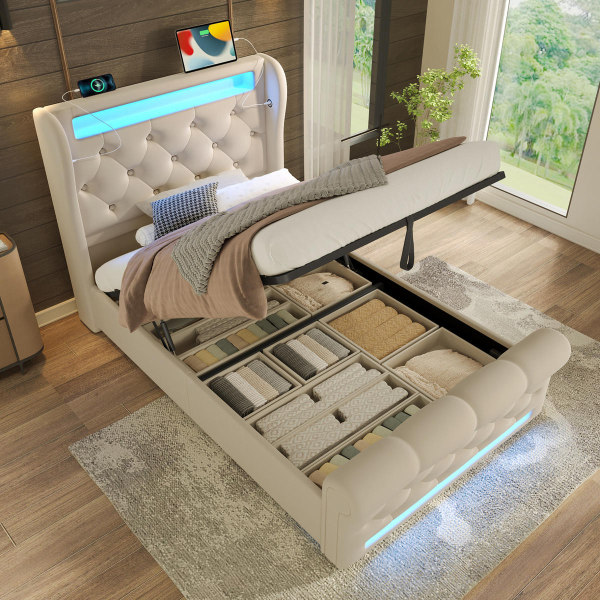POLSTERBETT 90/200 cm Beige aus Samt mit LED, Stauraum und Matratze - Beige, Textil (90/200cm) - Flora Grace