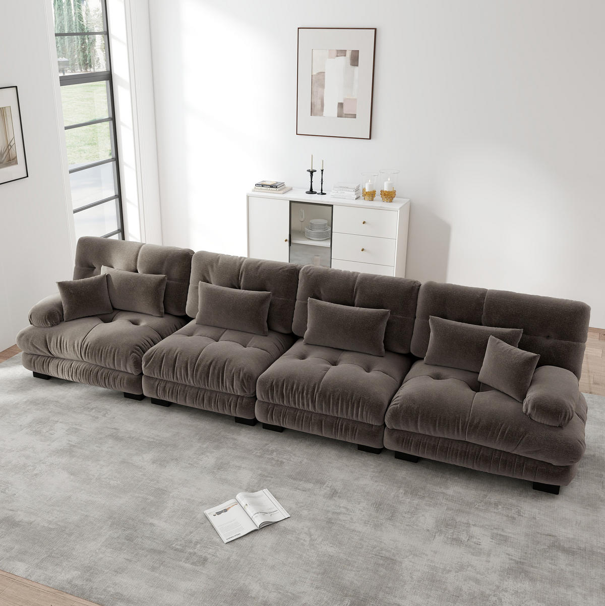 SOFA modular 4-Sitzer Chenille Brown - Dunkelgrau, Kunststoff (77/81/406cm) - Meubliv