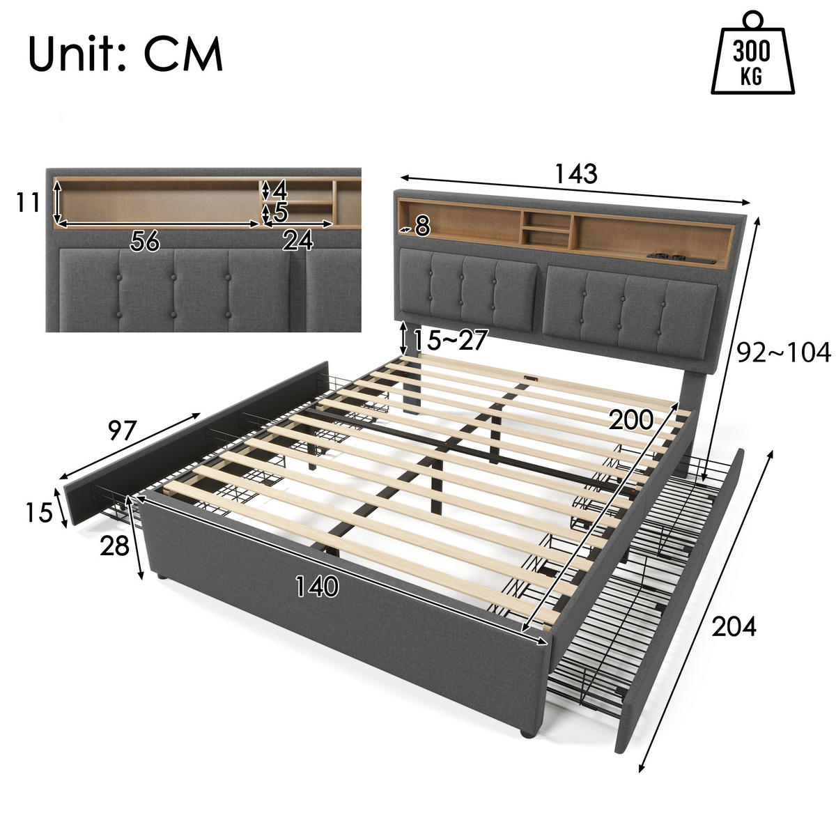 POLSTERBETT mit Matratze, 4 Schubladen und USB 140x200 cm Grau - Grau, Metall (140/200cm) - Meubliv