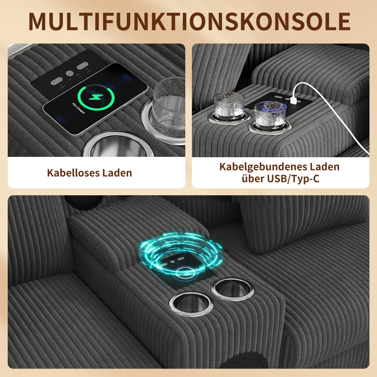 WOHNLANDSCHAFT Cord Grau mit Stauraum, Bluetooth, USB, Type-C und Getränkehaltern - Grau, Holzwerkstoff/Kunststoff (315.5/84.5/144cm) - WISHDOR