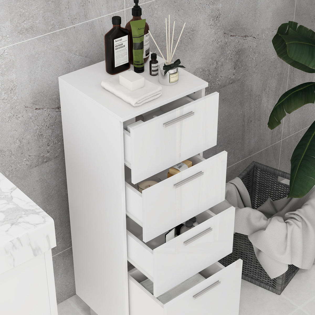 BADEZIMMERSCHRANK DE-17326 4 Schubladen & erhöhter Sockel Weiß - Weiß, Holzwerkstoff (30/93/30cm) - ComfortXL