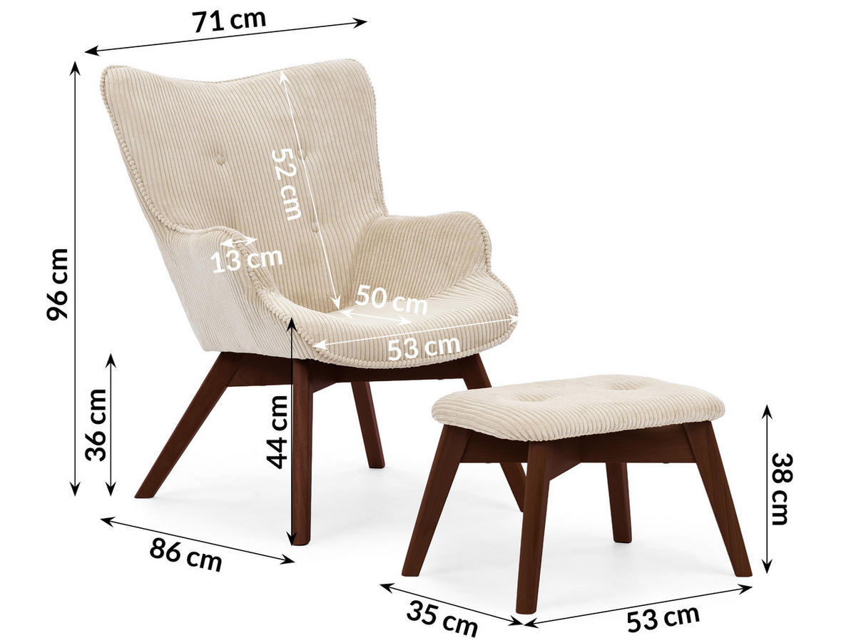 LOUNGESESSEL mit Fußhocker Lenari Beige Cordstoff mit Füßen in Braun - Beige/Braun, Holz/Textil (71/96/86cm) - S-Style Möbel